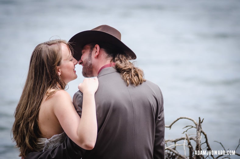 Wedding Photograph of Couple Kissing at Lake Yellowstone, Wyoming