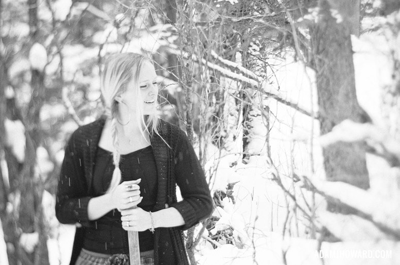 Black and White Tilt Shift Portrait of Girl in Snow