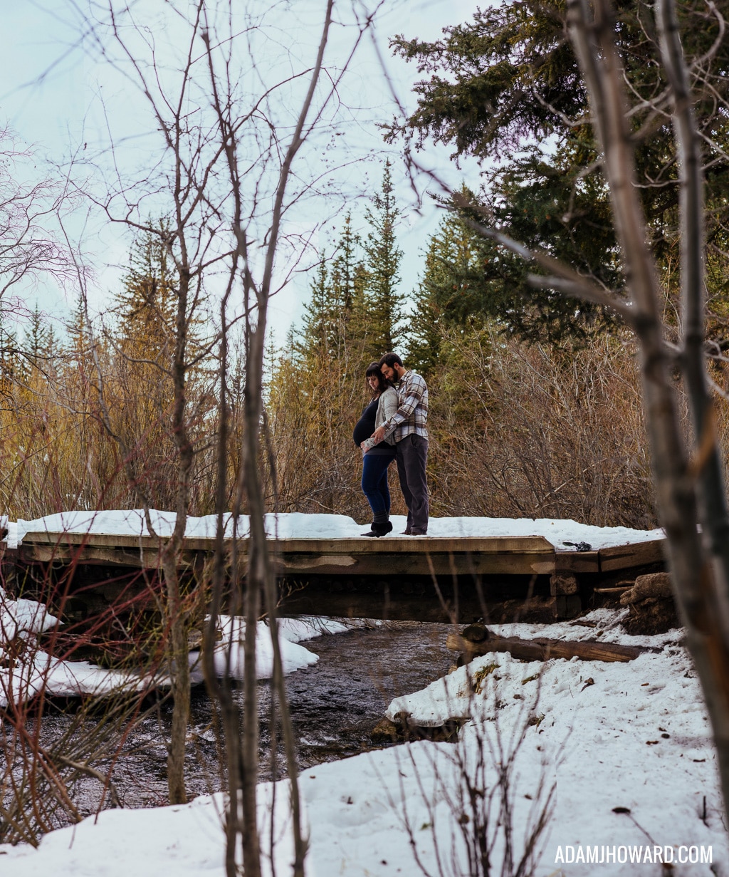 Brenizer Method, Jackson Hole Maternity Photographer, Maternity Session, Winter, Snow, Bridge